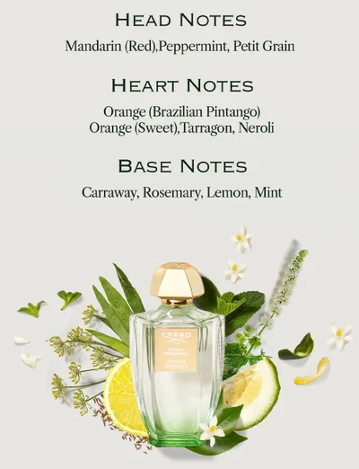 An image showing a perfume bottle among fragrance ingredients like citrus, herbs, and flowers, with text listing Head Notes Mandarin (Red),Peppermint, Petit Grain, Heart Notes Orange (Brazilian Pintango) Orange (Sweet),Tarragon, Neroli, and Base Notes Caraway, Rosemary, Lemon, Mint, plus text on the bottle reading CREED 1760 ACQUA ORIGINALE GREEN NEROLI.
