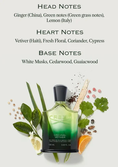 A bottle of Creed Original Vetiver fragrance is shown surrounded by fragrance ingredients, with the fragrance notes listed above: HEAD NOTES Ginger (China), Green notes (Green grass notes), Lemon (Italy) HEART NOTES Vetiver (Haiti), Fresh Floral, Coriander, Cypress BASE NOTES White Musks, Cedarwood, Guaiacwood CREED ORIGINAL VETIVER DE PÈRE EN FILS DEPUIS 1760 FROM FATHER TO SON SINCE 1760 100 ML 3.33 FL. OZ.