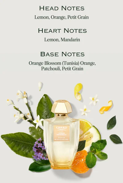 A perfume bottle is surrounded by citrus fruits, leaves, and flowers, with text listing fragrance notes and the perfume name HEAD NOTES Lemon, Orange, Petit Grain HEART NOTES Lemon, Mandarin BASE NOTES Orange Blossom (Tunisia) Orange, Patchouli, Petit Grain CREED 1760 ACQUA ORIGINALE ZESTE MANDARINE.