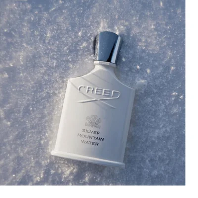 A light grey perfume bottle with a shiny silver cap featuring an embossed crest is shown against a dark background, with the words Creed Silver Mountain Water visible on the front.