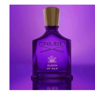 A purple perfume bottle with a gold cap is shown with the text CREED and QUEEN OF SILK.