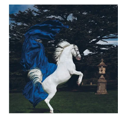 A white horse rears on its hind legs with a large blue cloth flowing behind it in a garden setting with trees and a stone sculpture.
