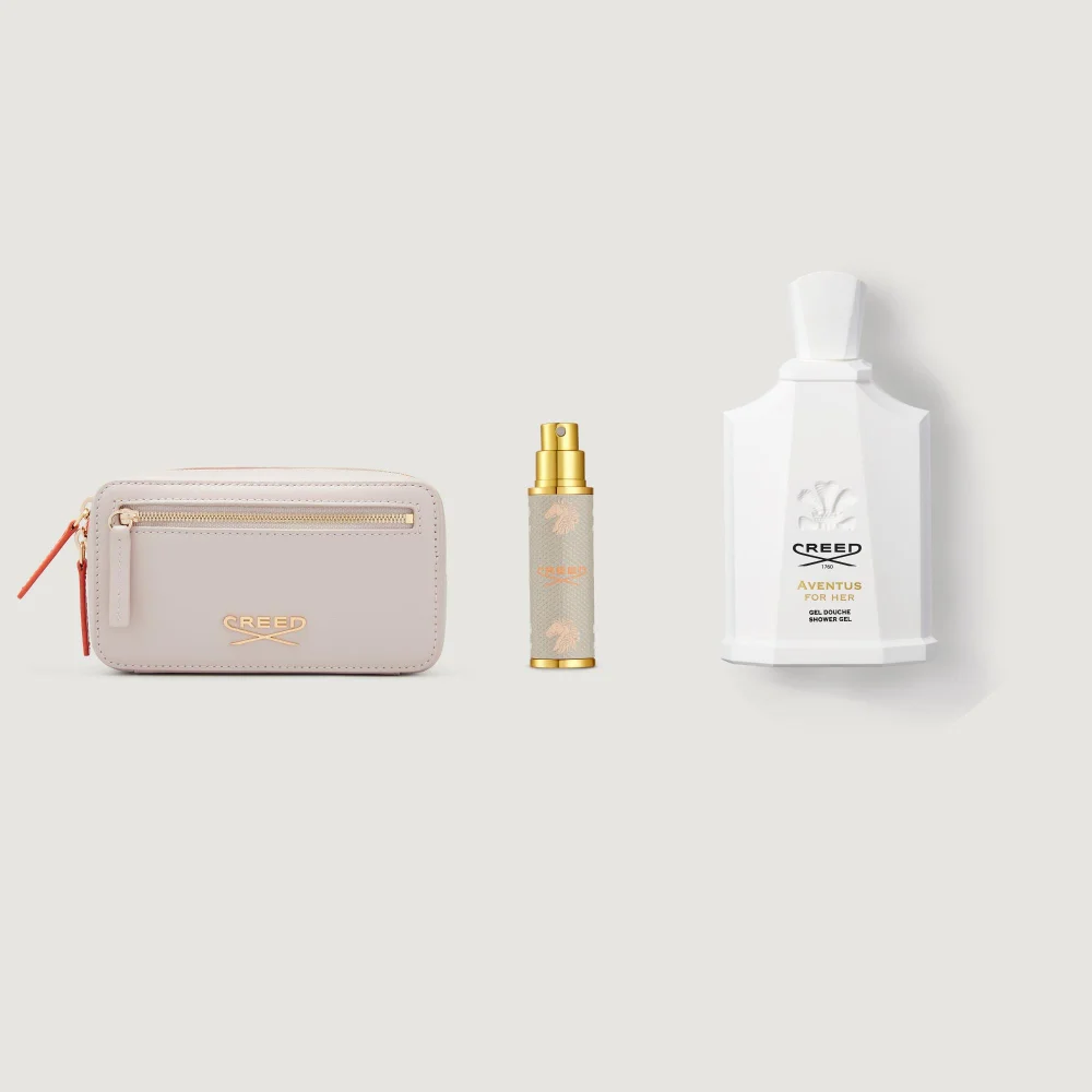 Creed Leather Wash Bag - Fawn and Perfume Atomiser 5ml - Beige and Aventus For Her Shower Gel Image 1