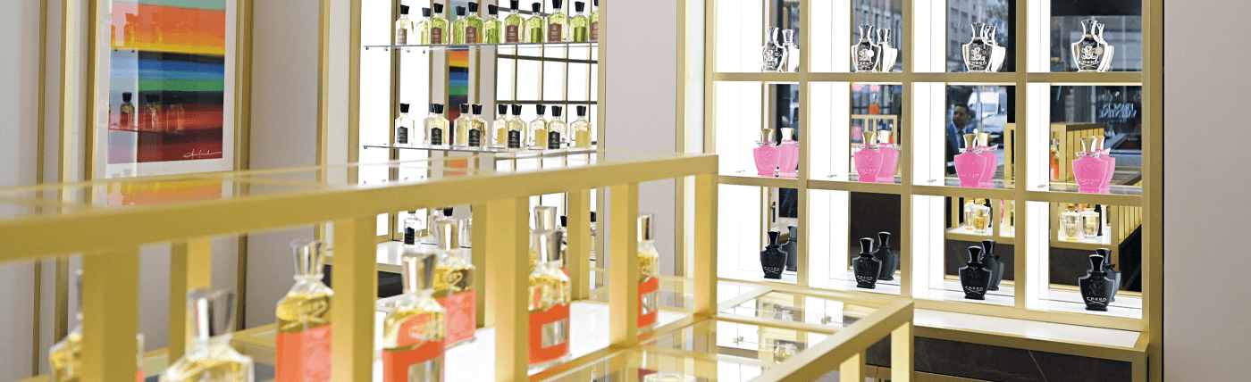 Counter displaying range of fragrances in the Creed Boutique, New York